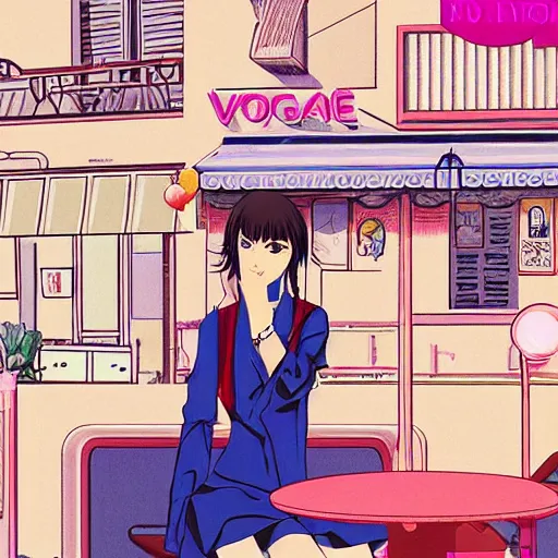 Prompt: young woman at a cafe in paris, graphic novel, pixel art, visual novel cg, 8 0 s anime vibe, vaporwave nostalgia, vogue magazine, kimagure orange road, maison ikkoku, city hunter, great teacher onizuka