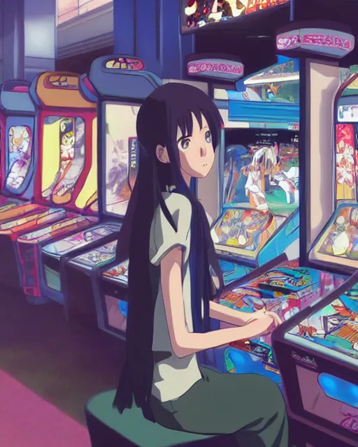 Image similar to a girl at the arcade, full shot, visible face, ambient lighting, detailed, very modern anime style, art by hayao miyazaki, masashi kishimoto, makoto shinkai