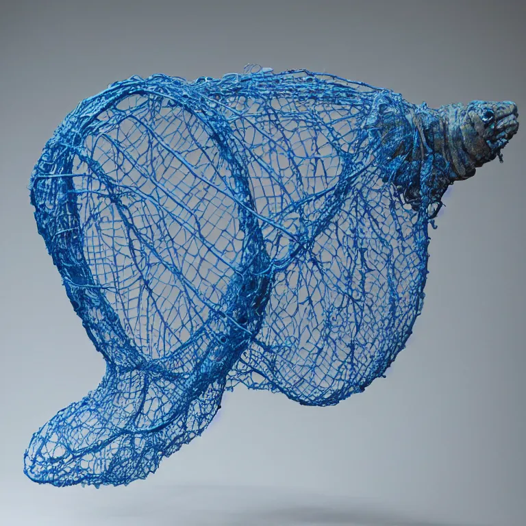 Image similar to hyperrealistic sculpture of a bronze fossilized flounder isopod in a large mesh cage made of blue nylon wire and latex on a pedestal by ron mueck and duane hanson and lee bontecou, hyperrealistic dramatic colored lighting trending on artstation 8 k