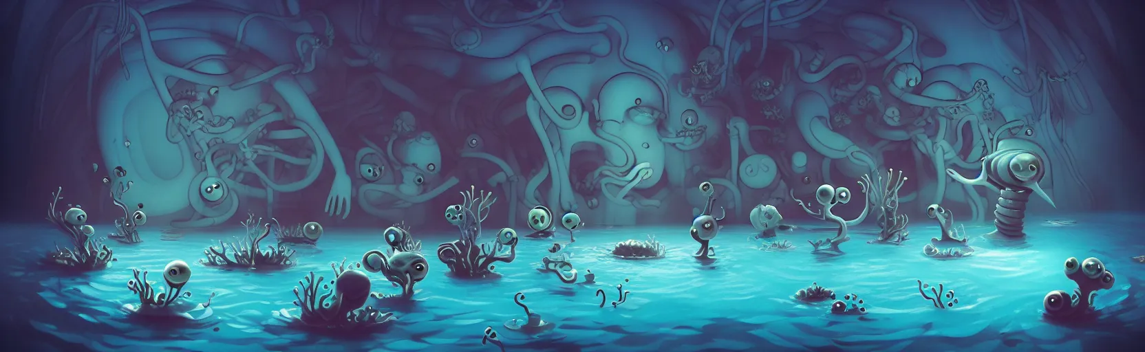 Image similar to wild whimsical watery mutants from the depths of deep sea of the unconscious, dramatic lighting, surreal fleischer cartoon characters, shallow dof, surreal painting by ronny khalil