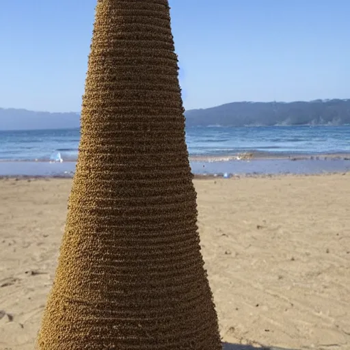 Image similar to a tower of sand on the beach that's taller than the people around it