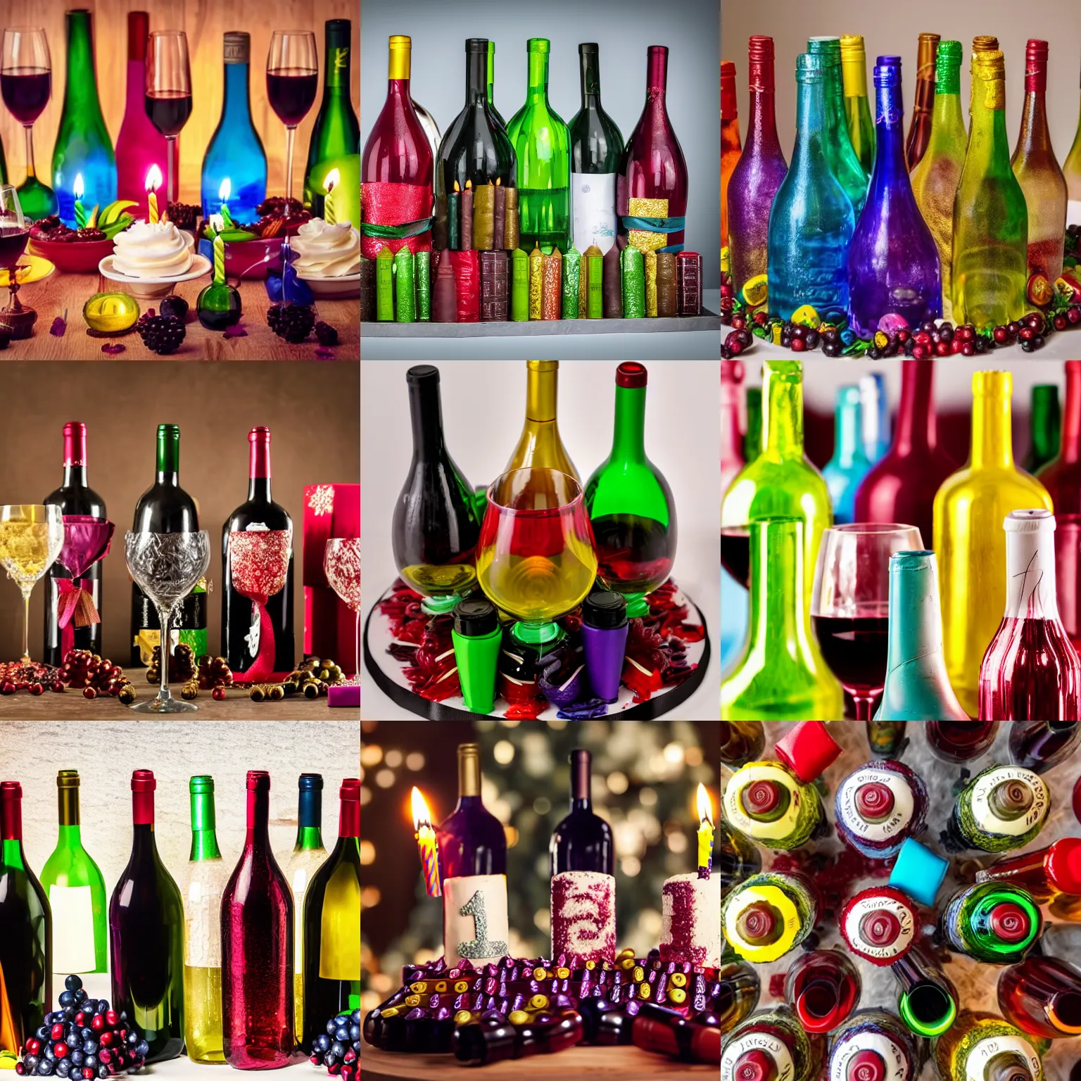 Prompt: a birthday cake made out of wine bottles and wine glasses, high quality 4 k photo, beautiful, festive, happy birthday