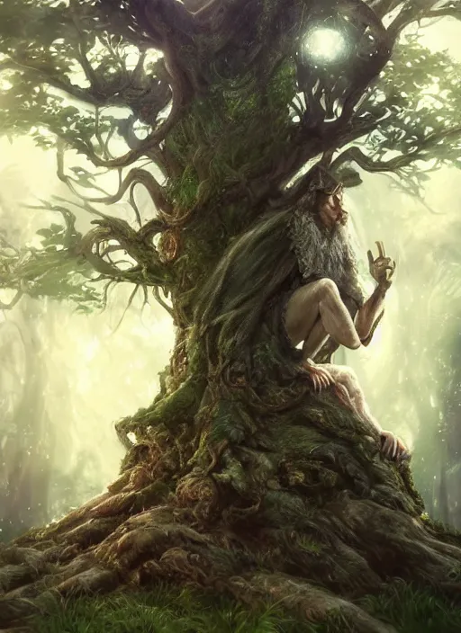 Prompt: an elder druid resting upon a large magical tree, dramatic lighting, wonderful shading, realistic perfect face, concept art, dynamic pose, digital illustration, trending on artstation, intricate details, epic composition, sharp focus, 8 k uhd, masterpiece, wlop, ross draws