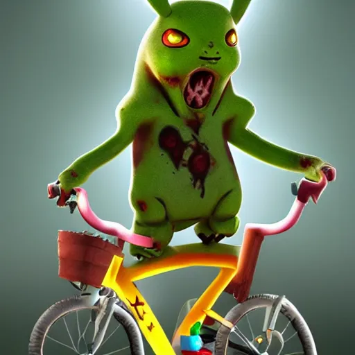 Image similar to zombie pikachu riding a bicycle, cinematic, cinematic lighting, trending on Artstation, Cgsociety, detailed, 4k, very realistic