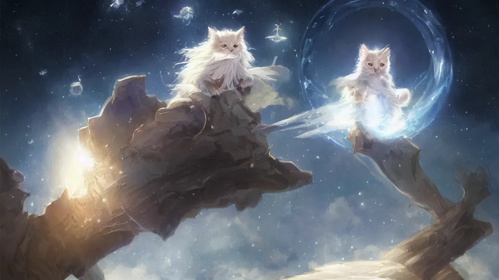 Image similar to cartoonish kitten dressed as Gandalf floating in space, bright stars, anime, a fantasy digital painting by Greg Rutkowski and James Gurney, trending on Artstation, highly detailed