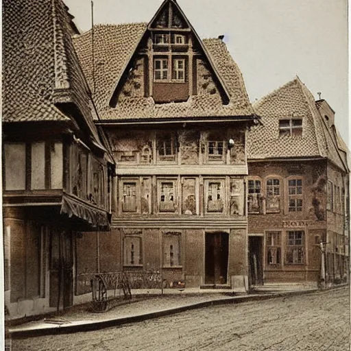 Prompt: Emil Verharn. 1900. Photo in color image. High definition. The city of Sint Amands. Symbolism on old houses.