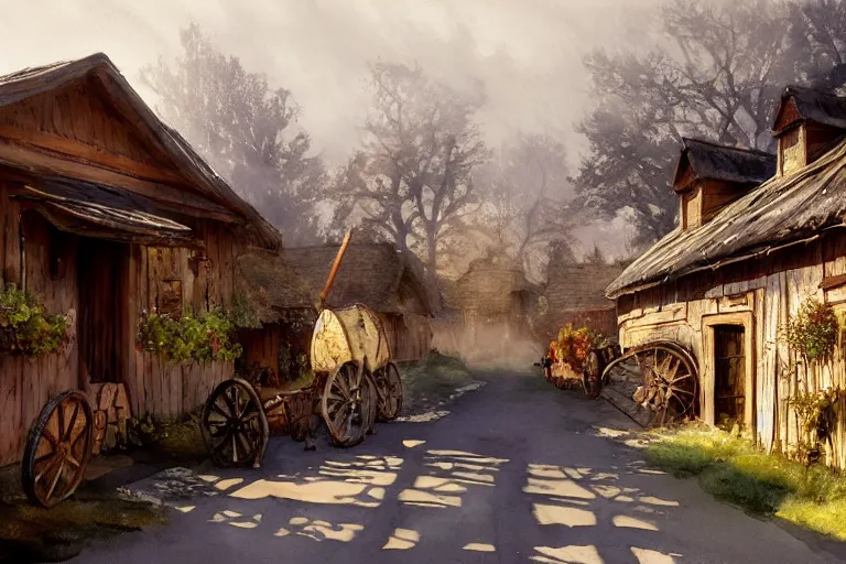 Prompt: watercolor painting of rustic village street, straw roof, scandinavian mythology, ambient lighting and shadows, fog, wheel, barrel, wooden tools, art by hans dahl, by jesper ejsing, art by anders zorn, wonderful masterpiece by greg rutkowski, cinematic light, american romanticism by greg manchess, creation by tyler edlin