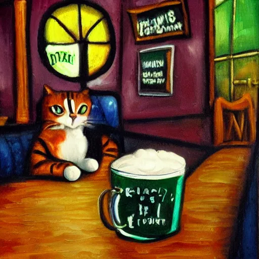 Prompt: a sleepy cat investigator orders a pint at the local Irish pub, colorful, oil painting in the style of Tim Burton,