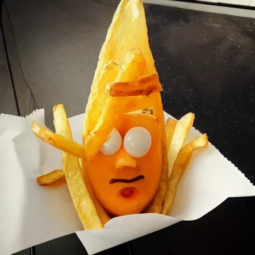 Image similar to photo of [ a single salted french fry chip ] shaped like that looks like stephen fry as a pixar character hybrid intercross mix cinematic lighting