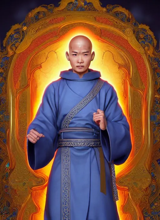 Prompt: male monk with a mongolian pigtail!!!! asian facial features and blue eyes!! intricate ornate blue robes!! character concept art, sharp focus, octane render! unreal engine 5! highly rendered!! trending on artstation!! detailed linework!! illustration by artgerm, wlop, and chie yoshii