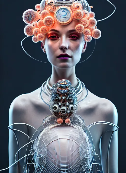 Image similar to portrait of an absurdly beautiful, graceful, sophisticated, fashionable cyberpunk mechanoid, hyperdetailed illustration by irakli nadar and alexandre ferra, intricate linework, white porcelain skin, faberge, coral and jellyfish headdress, octane render, gsociety, global illumination, radiant light, detailed and intricate environment