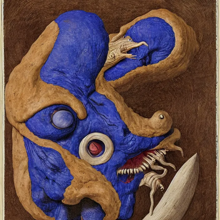 Image similar to close up portrait of a mutant monster creature with giant ear in the middle of the face, lapis - lazuli fangs growing sideways in a spiral shape. by jan van eyck, walton ford