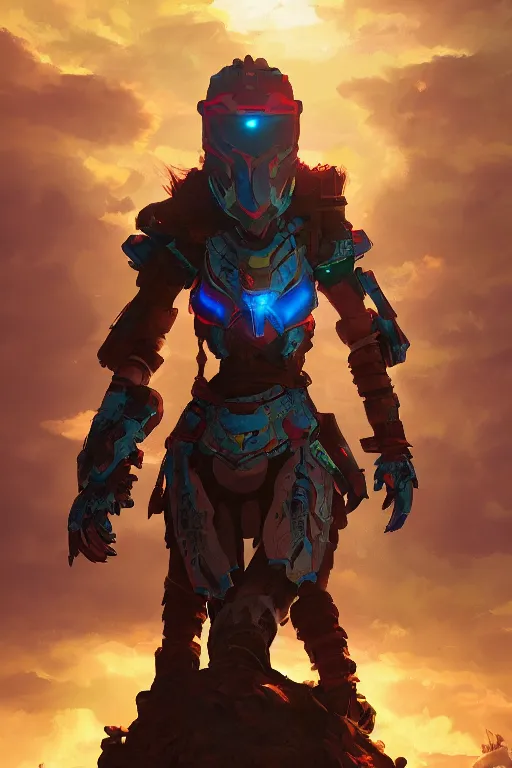 Image similar to combination suit armor aloy horizon forbidden west horizon zero dawn radiating a glowing aura global illumination ray tracing hdr fanart arstation by ian pesty and alena aenami artworks in 4 k tribal robot ninja mask helmet backpack