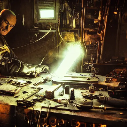 Prompt: half rusted old egg beater half stun - gun, balding older cyborg repairing, red hot soldering iron, dark messy smoke - filled cluttered workshop, dark, dramatic lighting, orange tint, cinematic, highly detailed, sci - fi, futuristic, movie still from blade runner