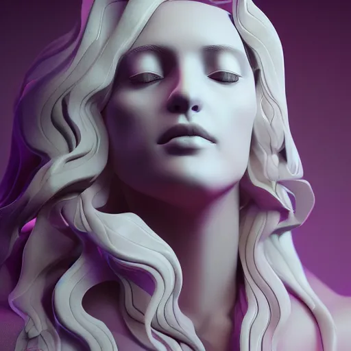 Image similar to abstract female sculpture made of white marble and amethyst crystals quartz, ethereal lights, fine details, artstation. com, film still, cinematic photoshooting, luxury, strong wind blowing, wavy hair, dark mood, sad, cold colors, golden filigree, octane render, lens flare