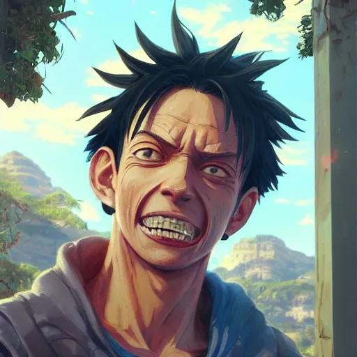 Image similar to highly detailed portrait luffy in gta v, stephen bliss, unreal engine, fantasy art by greg rutkowski, loish, rhads, ferdinand knab, makoto shinkai and lois van baarle, ilya kuvshinov, rossdraws, tom bagshaw, global illumination, radiant light, detailed and intricate environment