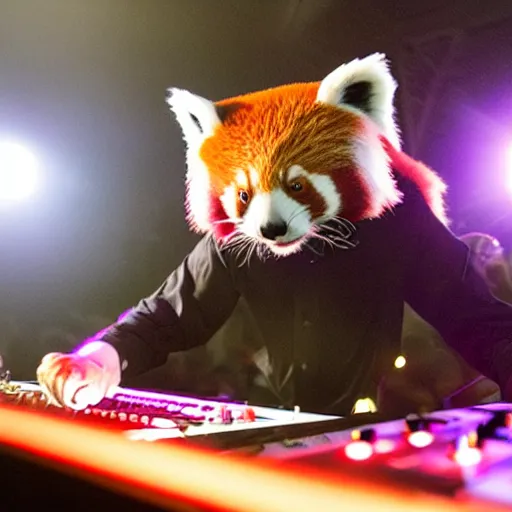 Prompt: photo of a red panda djing at an underground warehouse rave