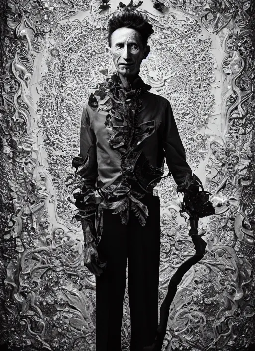 Image similar to a portrait of woody guthrie by erwin olaf and nekro borja, photorealistic, intricate details, hyper realistic, dark fantasy, rococo onyx headpiece, crystals, photorealistic, canon r 3, photography, symmetrical features, symmetrical pose, wide angle shot, head to toe, standing pose, feet on the ground