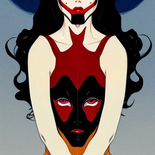 Image similar to Joshua Middleton comic art, wide shot, stunning elegant female Eva Green, kabuki mask, beautiful evil sneer, symmetrical face, symmetrical eyes, leather clothing and boots, long straight red hair, full body, Indigo occult pattern