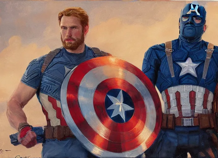 Image similar to a highly detailed beautiful portrait of captain america and thor sharing a moment, by gregory manchess, james gurney, james jean