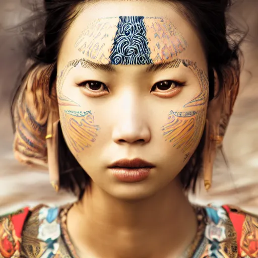 Image similar to portrait of a stunningly beautiful asian tribal female, depth of field, zeiss lens, detailed, symmetrical, centered, fashion photoshoot, by annie leibovitz and steve mccurry, david lazar, jimmy nelsson, breathtaking, 8 k resolution, extremely detailed, beautiful, establishing shot, artistic, hyperrealistic, beautiful face, octane render