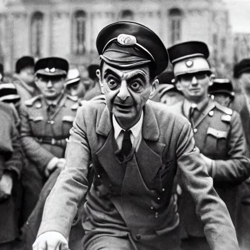 Prompt: mr bean at the nazi nuermberg rallies, historical, 1 9 4 0 s photo style, extreme detail, gritty, serious