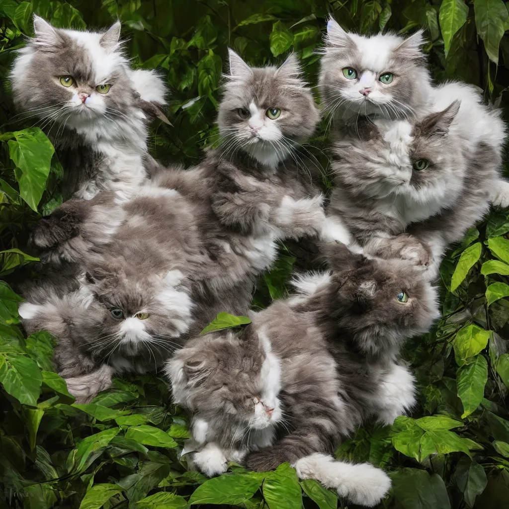 Prompt: ragdoll cats in a jungle, hyperrealistic, photorealism, realistic lighting, 4k