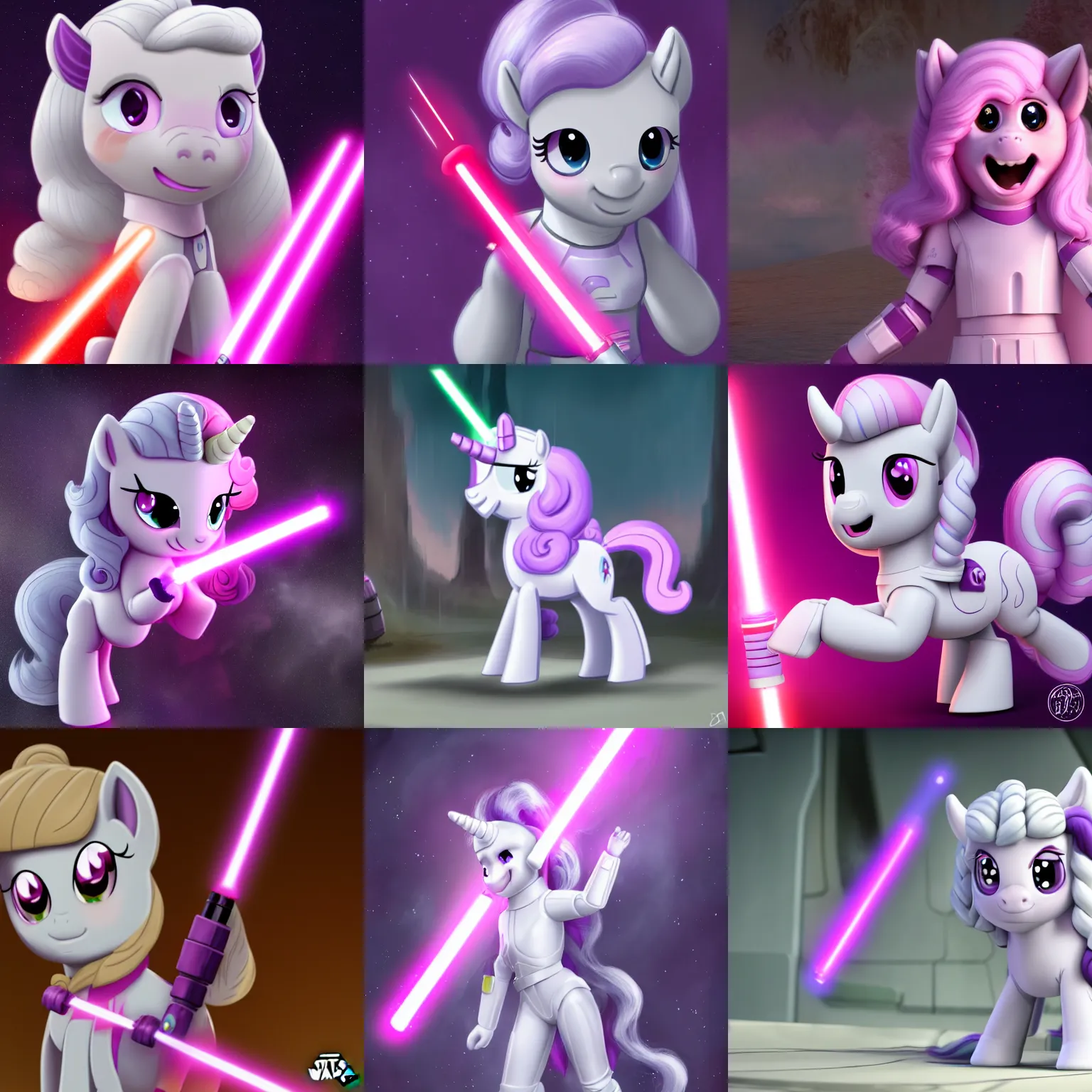 Prompt: sweetie belle ( white unicorn filly with pink and purple mane and tail ) in star wars as a sith apprentice with a red lightsaber | trending on artstation, derpibooru, my little pony : friendship is magic in star wars, 8 k, cgi special effects, hyper - realistic, canon wide - angle lens