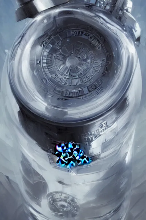 Image similar to concept art of a rolex - star wars white iridescent liquid dietary supplement in a transparent bottle with big black sticker on it by aenaluck, artgerm and roberto ferri and greg rutkowski, blue and white tones, digital painting, artstation, concept art, smooth, sharp foccus ilustration hq