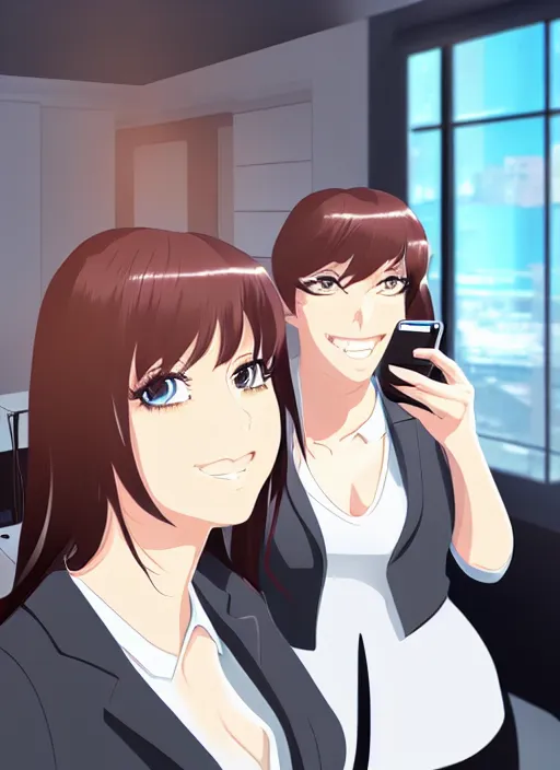 Image similar to a mirror selfie of two beautiful office ladies, gorgeous faces, thick lines, cinematic lighting, detailed anime art