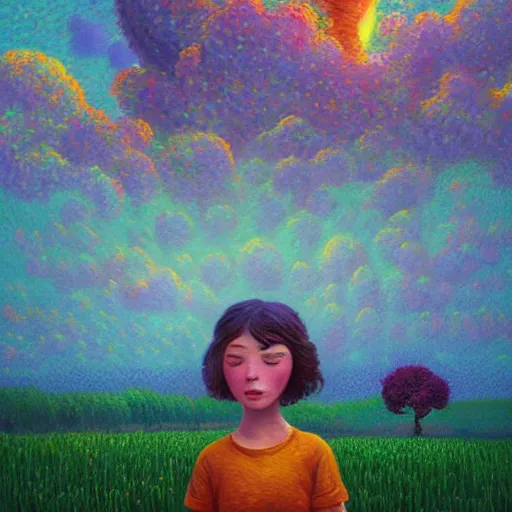 Prompt: girl with giant flower as a face, flower field, big trees, sunrise dramatic light, impressionist painting, colorful clouds, digital painting, pointillism, artstation, simon stalenhag