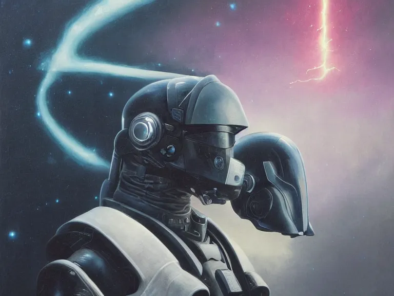 Image similar to a detailed profile painting of a bounty hunter in armour and visor, cinematic sci-fi poster. Flight suit, anatomy portrait symmetrical and science fiction theme with lightning, aurora lighting clouds and stars. Clean and minimal design by beksinski carl spitzweg and tuomas korpi. baroque elements. baroque element. intricate artwork by caravaggio. Oil painting. Trending on artstation. 8k
