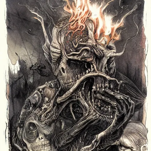 Image similar to the darkest future timeline, 8 k, 8 5 mm f / 1. 8 horror, flames, dark sci - fi, by bernie wrightson, by santiago caruso, by sabbas apterus