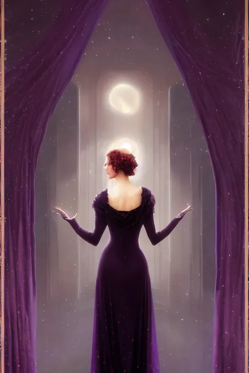Image similar to Nocturne, glowing, stars, a long-legged elegant evil woman, highly detailed, mysterious, ethereal, dressed in dark violet velvet, haute couture, illustration, dramatic lighting, soft details, painting, by Edmund Blair Leighton, Brom, Charlie Bowater, trending on artstation, faces by Tom Bagshaw, otto schmidt