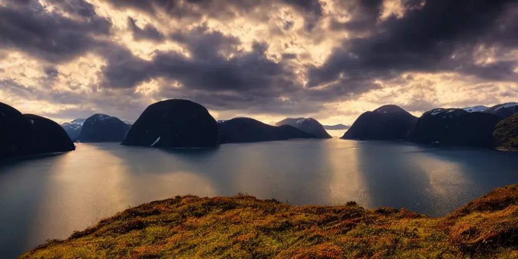 Prompt: a beautiful view of the fjords by the sea. atmosphere, god rays, golden hour, cinematic