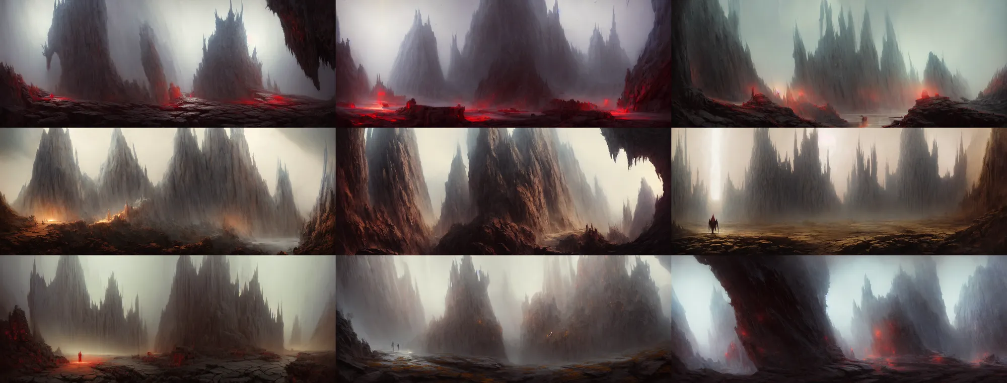 Image similar to concept art by barlowe wayne, ruan jia and greg rutkowski. a winding road to fantasy cave palace of bad omens!! magnificent palace!! fier in fog. dante's divine comedy, a beam of light fell on the stone throne!! 3 d, ultra clear detailed. octane render. 8 k. dark red, light grey blue and golden