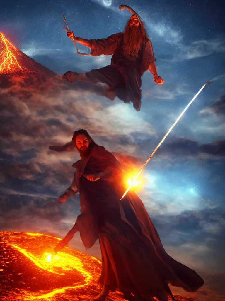 Image similar to levitating wizard wielding a spear, opening a shining portal, night sky, horizon of an erupting volcano, 4 k, ultra realistic, detailed, epic lighting, high detail, masterpiece, trending on artstation