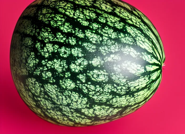 Image similar to photo still of a watermelon with human eyes and mouth, 8 k, studio lighting bright ambient lighting key light, 8 5 mm f 1. 8