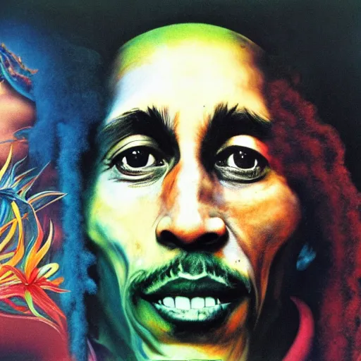 Image similar to colour masterpiece surreal closeup portrait photography of bob marley by miho hirano and annie leibovitz and michael cheval, weird surreal epic psychedelic complex biomorphic 3 d fractal landscape in background by kilian eng and roger dean and salvador dali and beksinski, 8 k