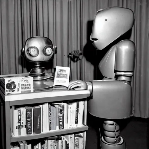 Image similar to vintage robot gives book reading in 1 9 5 0 s beat cafe