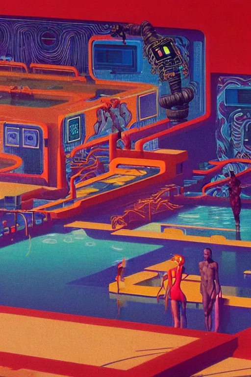 Image similar to 8 0 s art deco swimmingpool, robots, led screens, droids, neon sign, computers, cinematic dramatic cyberpunk textural fluid lines otherworldly vaporwave interesting details fantasy lut epic composition by basquiat zdzisław beksinski james jean artgerm rutkowski moebius francis bacon gustav klimt