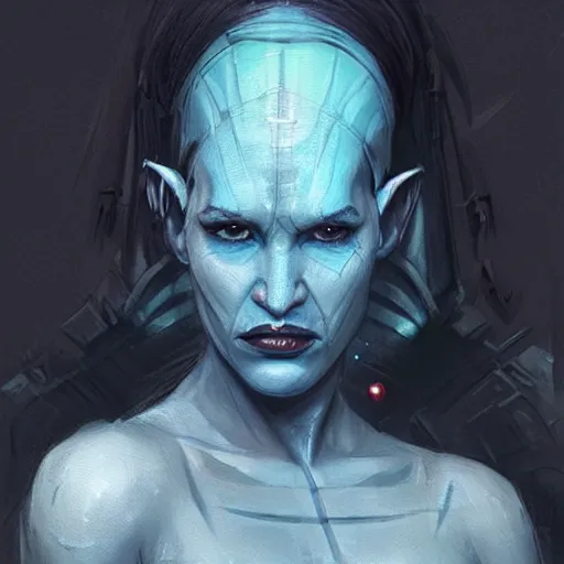 Image similar to portrait of a female Twi'lek by Greg Rutkowski, blue skin, she is about 30 years old, wearing black sith uniform, Star Wars Expanded Universe, highly detailed portrait, digital painting, artstation, concept art, smooth, sharp foccus ilustration, Artstation HQ