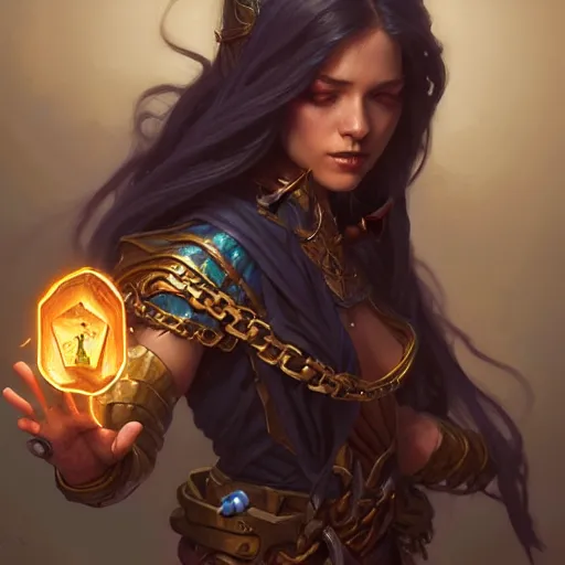 Image similar to wizard, female, chains, D&D, fantasy, intricate, elegant, highly detailed, digital painting, artstation, octane render, concept art, matte, sharp focus, illustration, hearthstone, art by Artgerm and Greg Rutkowski and Alphonse Mucha