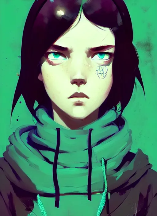 Image similar to highly detailed portrait of a urban punk lady student, blue eyes, hoodie, white hair by atey ghailan, by greg rutkowski, by greg tocchini, by james gilleard, by joe fenton, by kaethe butcher, gradient green, black, brown and teal color scheme, grunge aesthetic!!! ( ( graffiti tag wall background ) )
