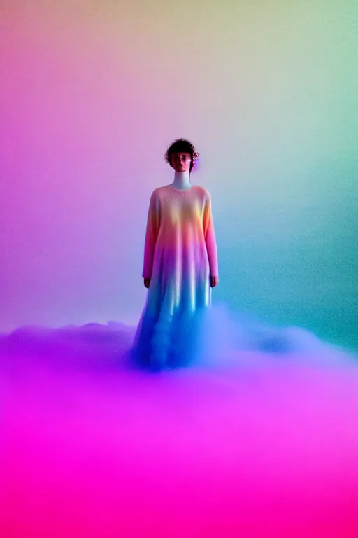 Image similar to high quality pastel coloured film close up wide angle photograph of a model wearing clothing swimming on cloud furniture in a icelandic black rock!! environment in a partially haze filled dreamstate world. three point light, rainbow. photographic production. art directed. pastel colours. volumetric clouds. pastel gradient overlay. waves glitch artefacts. extreme facial clarity. 8 k. filmic.