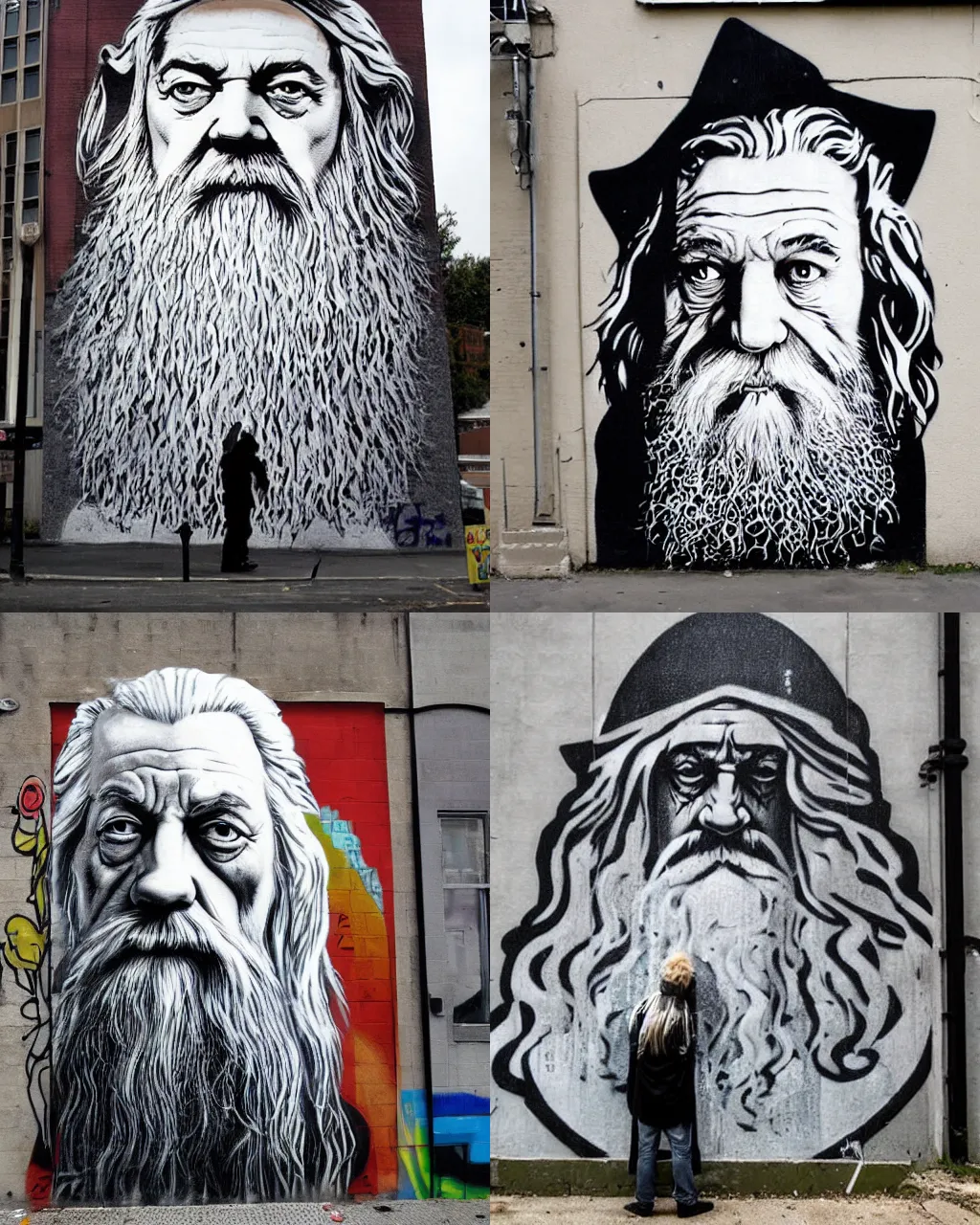 Prompt: graffiti portrait of gandalf the grey, street art by shepard fairey and banksy