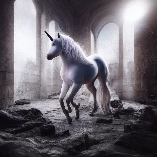 Image similar to full body pose, hyperrealistic photograph of a depressed unicorn, dim volumetric lighting, 8 k, octane beautifully detailed render, extremely hyper detailed, intricate, epic composition, cinematic lighting, masterpiece, trending on artstation, very very detailed, stunning, hdr, smooth, sharp focus, high resolution, award, winning photo, dslr, 5 0 mm