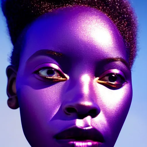 Image similar to portrait of metallic face, african woman, iridescent reflections, smooth, proud looking away, outdoor, blue sky, 8 k, realistic, depth of field, highly detailed, award winning photography, by richard mosse