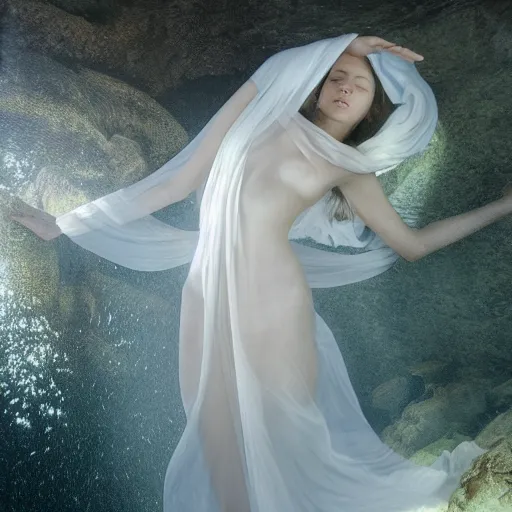 Prompt: portrait photo by mort kunstler and annie leibovitz and monia merlo, a woman completely covered in a sheer flowing long white sheet floating in the center of an aquarium, backlit, 4 d, 4 k, volumetric lighting, photorealistic, light ray, hyperdetailed
