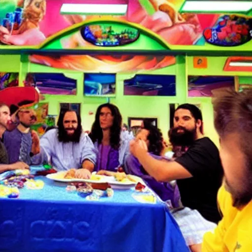 Image similar to jesus and god disciples having the last supper at chuck - e - cheese